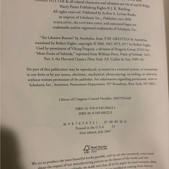 RARE July 2007, First Edition Print Harry Potter and the Deathly Hallows Book